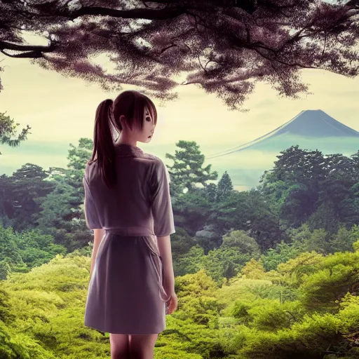 Image similar to a beautiful photograph of a girl with japan landscape in the background with trees, hdr, 8 k, high quality, sharp focus, artstation, highly detailed, award - winning, dramatic lighting, beautiful clouds, and nature