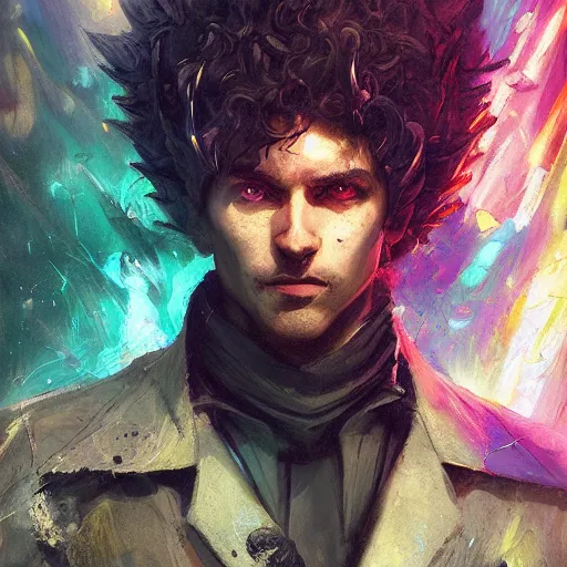 Prompt: !dream Infernopunk Spike Spiegel Magician Portrait portrait portrait Dungeon Exterior Man TheWitcher3WildHunt TheElderScrollsOblivion Cover Art Face Head Eyes Snack Warlock Wearing Flame Vest Ismail Inceoglu Arnold Bocklin Jakub Rebelka dug stanat Anime Brushstrokes Oil Painting Impasto