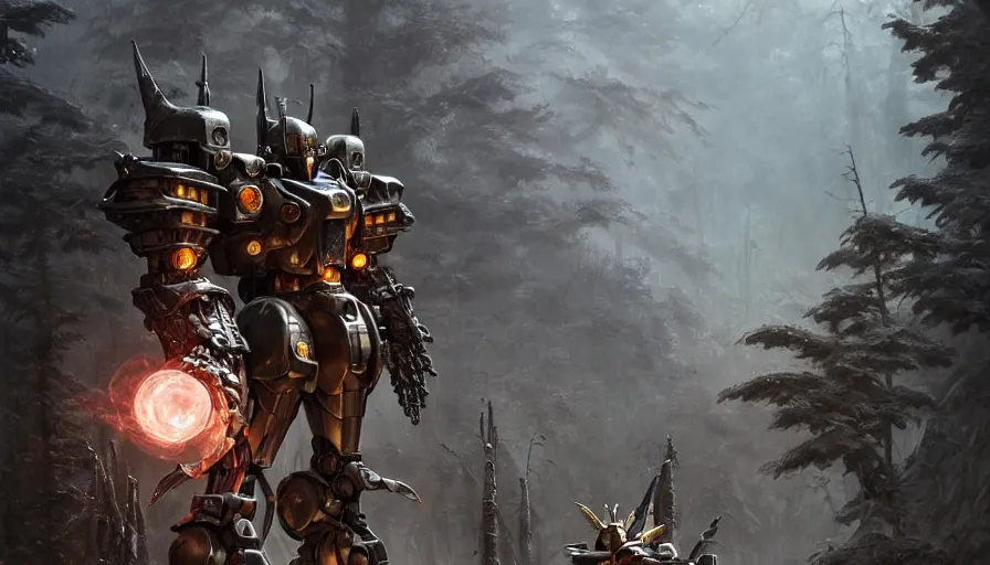 Prompt: mech covered in armor with elden ring aesthetic, ancient metal, artifact machine, glowing lights, piloted by mysterious creatures, gundam and robocop aesthetic, beautiful forests and trees, gothic castles and towers, small people with torches, intricate detail, baroque, art by darek zabrocki and John Park and Feng Zhu and Jason Chan, trending on artstation, masterpiece.