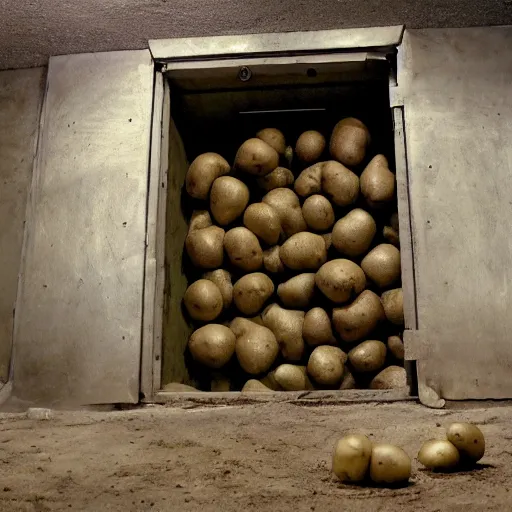 Image similar to an open bank vault with potato's pouring out of it