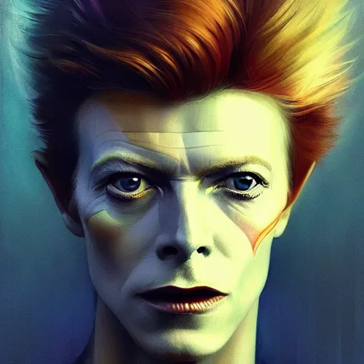 Image similar to young David Bowie, artists portrait, fantasy, highly detailed, digital painting, Abstract colours, concept art, sharp focus, depth of field blur, illustration, art by artgerm and greg rutkowski and alphonse mucha