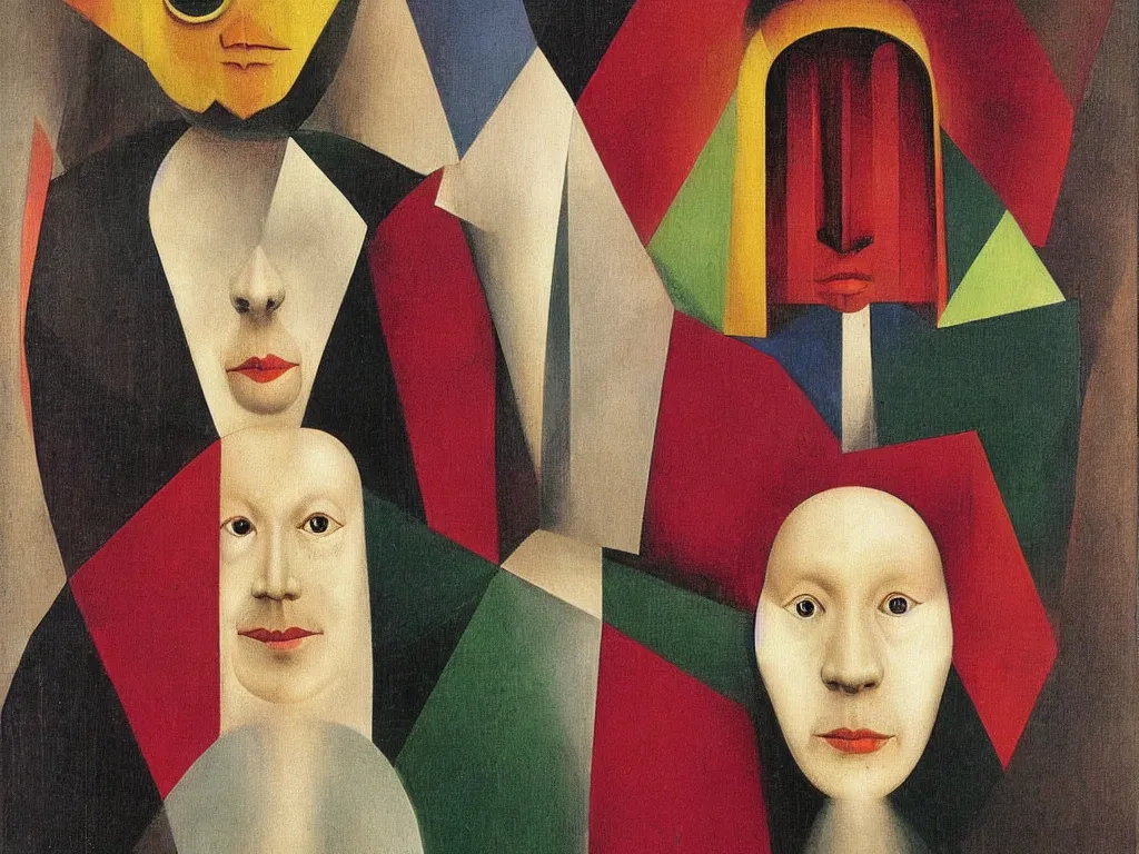 Image similar to Portrait of albino mystic, with beautiful geometric mask. Painting by Jan van Eyck, Rufino Tamayo, Rene Magritte, Agnes Pelton, Max Ernst, Walton Ford