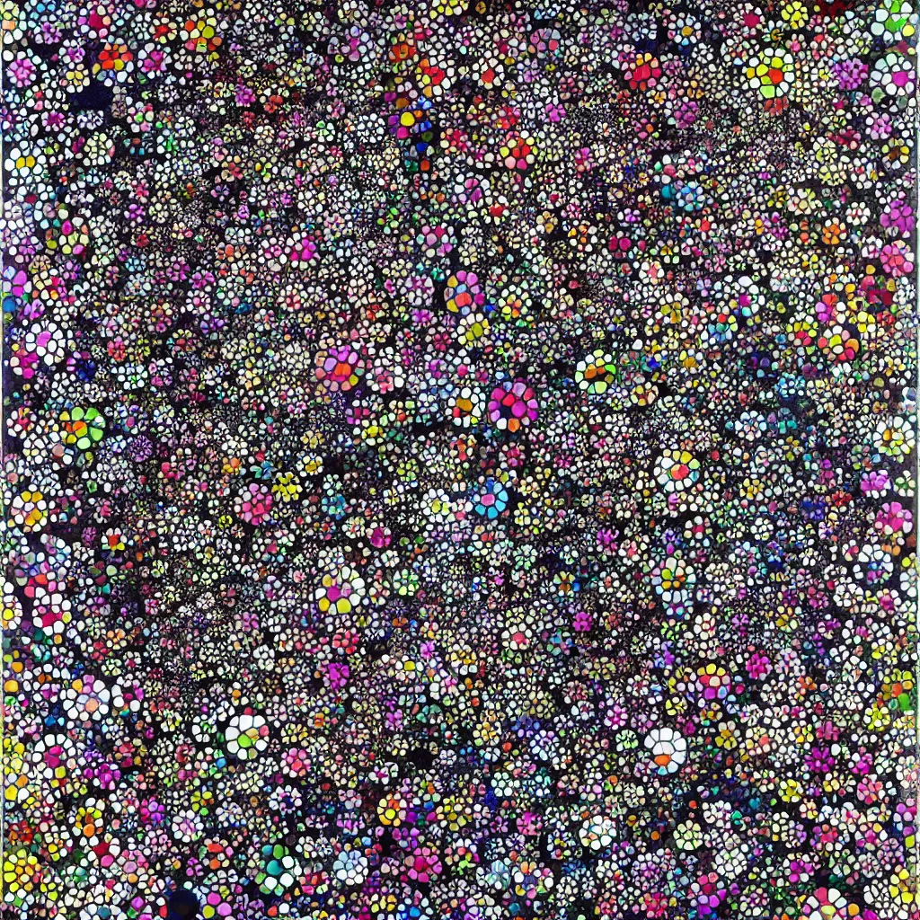 Image similar to camouflage made of flowers, style of takashi murakami, abstract, rei kawakubo artwork, cryptic, dots, stipple, lines, splotch, color tearing, pitch bending, color splotches, dark, ominous, eerie, minimal, points, technical, old painting