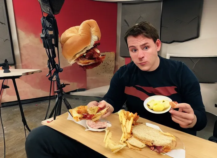 Image similar to Detrans man eating a chicken and bacon sandwich in a studio ghbli style