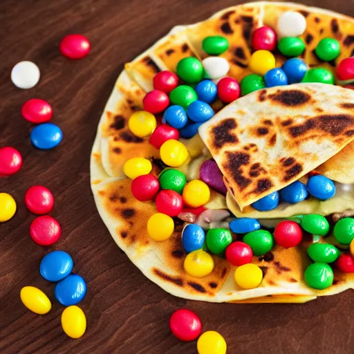 Prompt: first photos of taco bell quesadilla covered in skittles ( eos 5 ds r, iso 1 0 0, f / 8, 1 / 1 2 5, 8 4 mm, postprocessed, 4 k )