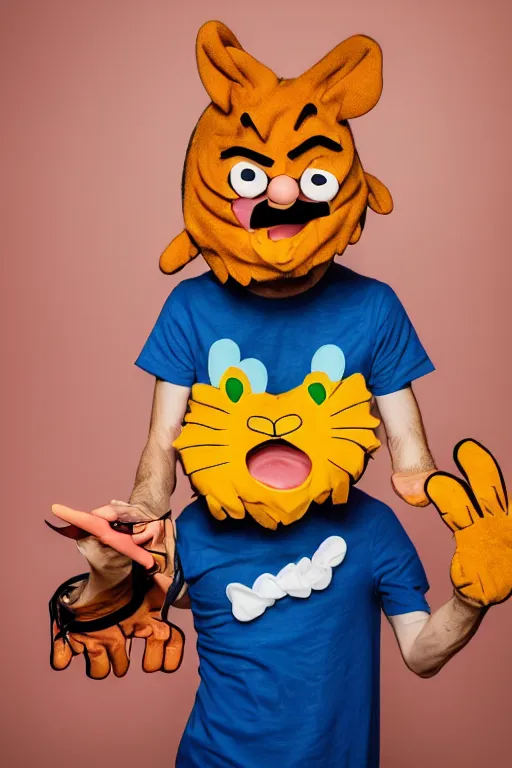 Image similar to portrait of Jacksfilms dressed in Garfield costume, cosplay photograph,
