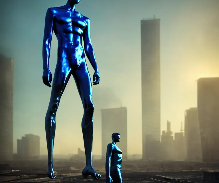 Prompt: tall man consisting of blue translucent shiny material and steel bars, standing in ruins in the sunrise. extremely high details, solo, masterpiece, photorealistic, hyperrealism, cinematic, fantasy, octane render, volumetric lighting, depth of field, bokeh, cgsociety by ed binkley, johannen voss, dragan bibin