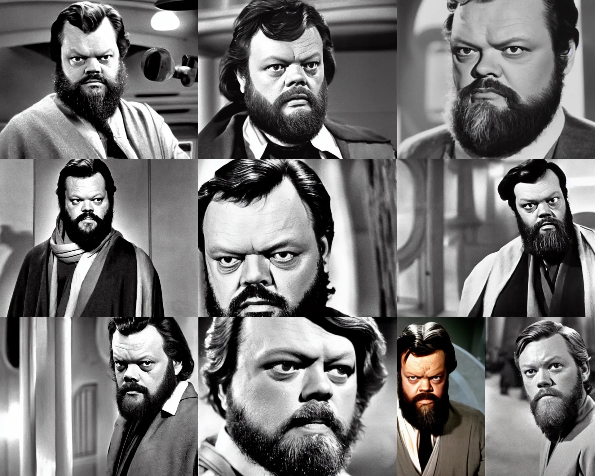 Prompt: handsome and attractive orson welles at 4 0 years old in star wars 1 9 7 7, as obi - wan kenobi, film still, grey hair, beard