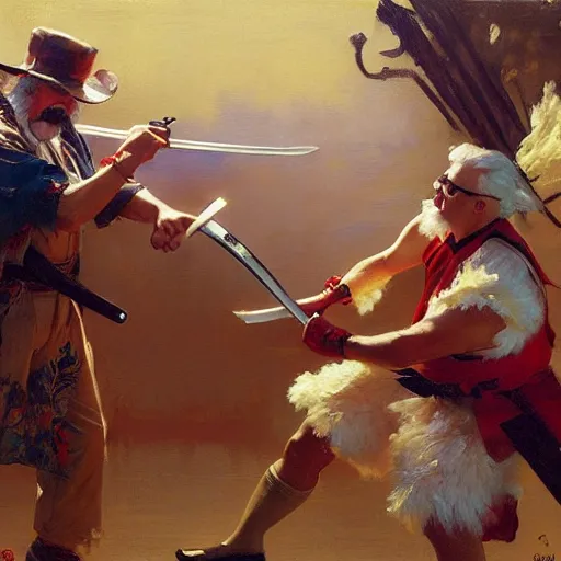 Image similar to colonel sanders with katana fighting donald mcdonald, highly detailed painting by gaston bussiere, craig mullins, j. c. leyendecker, 8 k