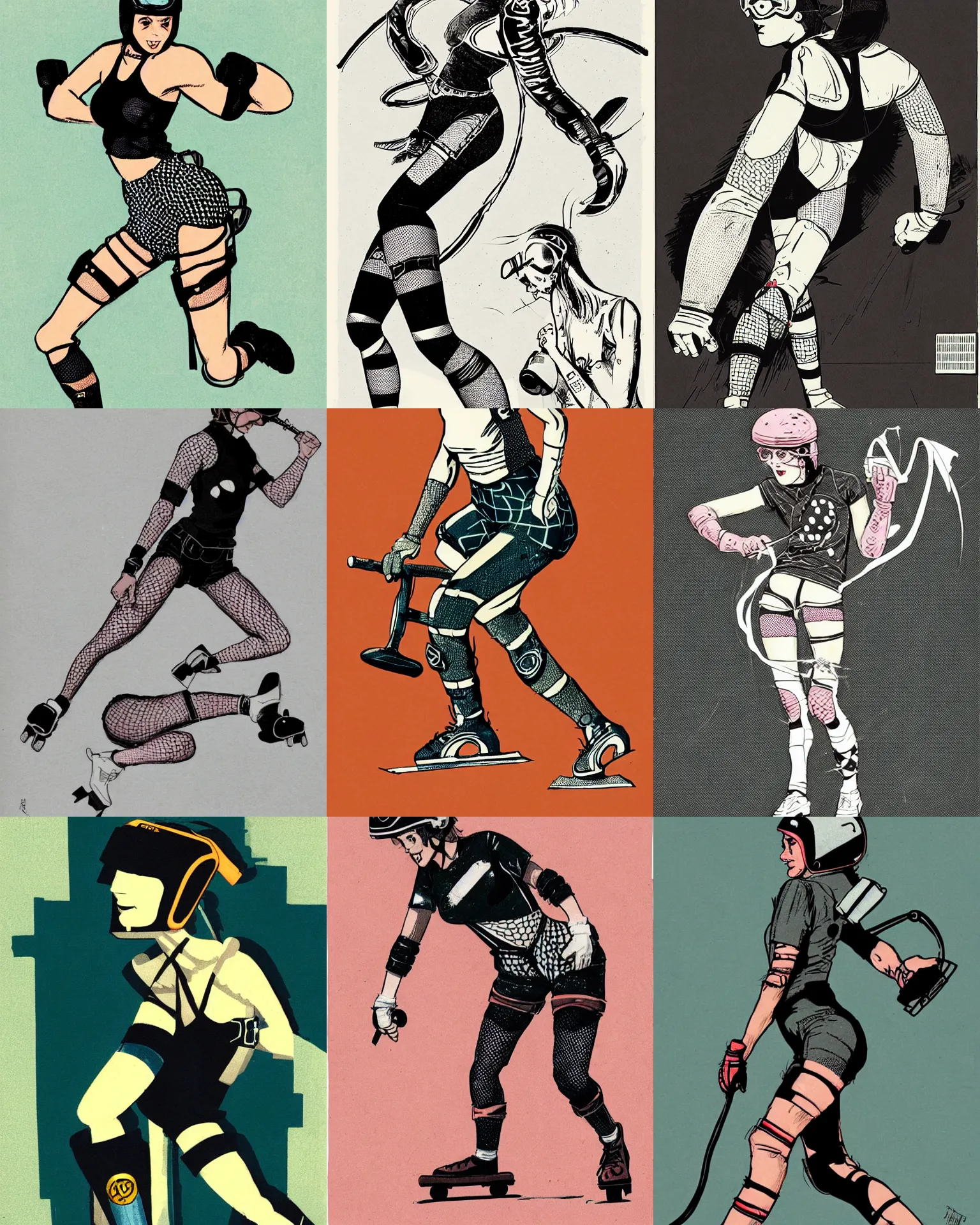 Prompt: roller derby girl doing Cross-Over, wearing skate helmet, knee pads, elbow pads, fishnet tights, showing off biceps, illustration by greg rutkowski and mcbess, 1960s