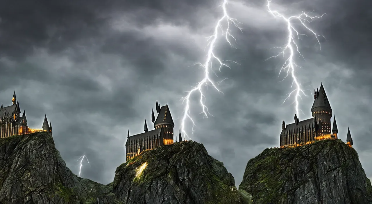 Image similar to slytherin harry potter flying with his wand forward. hogwarts castle and lightning strikes in the background. bad weather