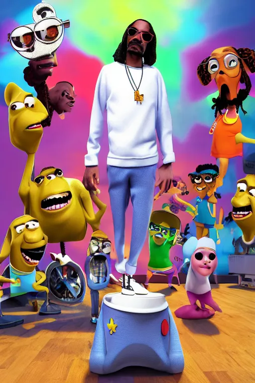 Image similar to snoop dogg, 3 d rendered pixar character, smokey background