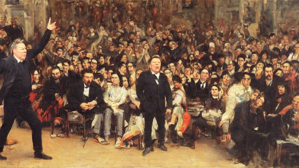 Prompt: Stewart Lee performs stand up to an angry audience, oil on canvas, by Juan Luna