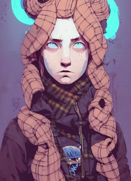 Prompt: highly detailed portrait of a sewer punk lady, blue eyes, tartan hoody, ringlet hair by atey ghailan, by greg rutkowski, by greg tocchini, by james gilleard, by joe fenton, by kaethe butcher, gradient pink, brown, light blue and white color scheme, grunge aesthetic!!! ( ( graffiti tag wall background ) )