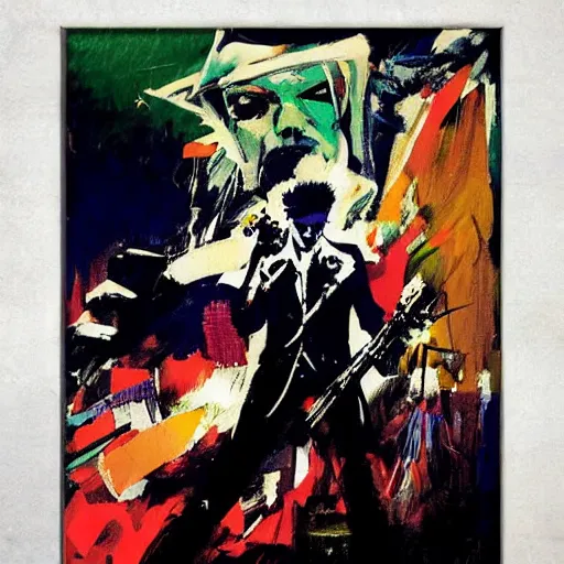 Image similar to David Bowie by Ashley Wood, Yoji Shinkawa, Jamie Hewlett, 60's French movie poster, French Impressionism, vivid colors, palette knife and brush strokes, Dutch tilt