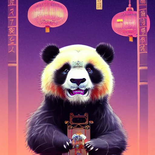 Image similar to a beautiful hyperdetailed character design 4 k wallpaper illustration of a cute panda with a chinese lion dance head victo ngai cyberpunk style, from china, style of studio ghibli, makoto shinkai, raphael lacoste, louis comfort tiffany, artgerm, james jean, ross tran, chinese style