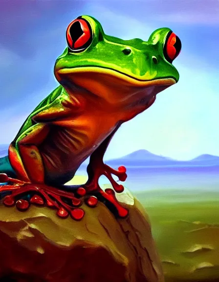 Image similar to a frog looking the end of world, oil on canvas, artstation, dramatic scenery, masterpiece, aesthetic