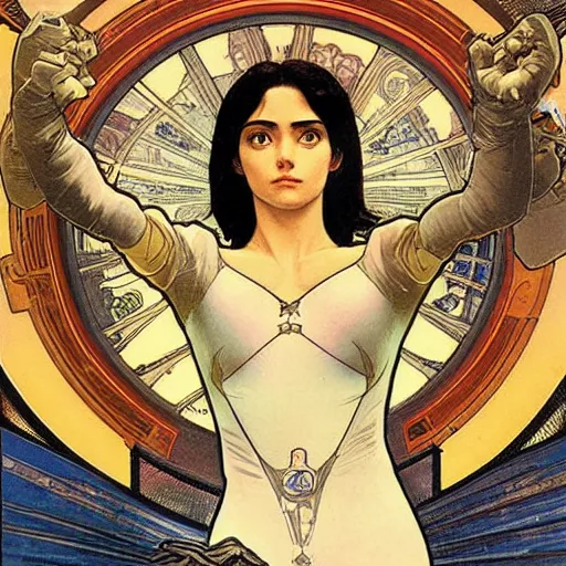 Image similar to alita battle angel, painted by alphonse mucha