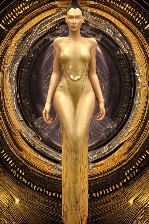 Image similar to a portrait of a beautiful ancient alien woman goddess bella hadid deity standing in iris van herpen dress in diamonds and fractals in style of alphonse mucha art nuvo dmt trending on artstation made in unreal engine 4