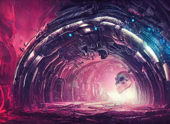 Image similar to a futuristic skull with glowing eyes and a wormhole tunnel cyberpunk art by android jones, featured on artstation, darksynth, synthwave