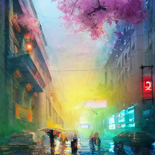 Prompt: acrylic painting, impressionism and expressionism, strong emotional impact, bold pastel colors, spring day, expressive brushstrokes, puddles, an art deco streetscape lined with beautiful flowers, by liam wong and tyler edlin, trending on artstation