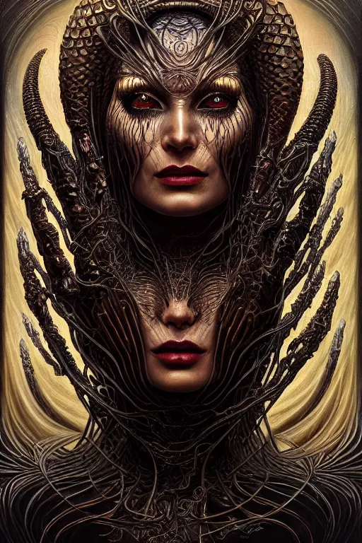 Image similar to single face portrait. complex hyper-maximalist overdetailed cinematic cosmic scifi portrait of an elegant very attractive but wild and dangerous humanoid reptilian goddess by andrei riabovitchev, tomasz alen kopera, oleksandra shchaslyva. Omnious intricate. Secessionist portrait illustration. Poison goddes. Slightly influenced by giger. Zerg human hybrid goddes. Unreal engine 5. Focus on face. Artstation. Deviantart. 8k 4k 64megapixel. Cosmic horror style. Rendered by binx.ly.