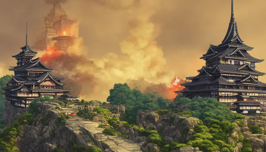 Prompt: A highly detailed matte painting of a huge japanese castle on fire, fire smoke and explosions, by Studio Ghibli, Makoto Shinkai, by Artgerm, by beeple, volumetric lighting, octane render, 4K resolution, trending on artstation, masterpiece