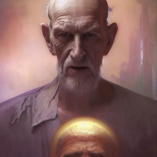 Image similar to hyperrealist portrait of an ancient old alien man with large cruel intelligent eyes and a huge head standing in front of a computer interface by jeremy mann and alphonse mucha and alan lee, fantasy art, photo realistic, dynamic lighting, artstation, poster, volumetric lighting, very detailed faces, award winning, full face, symmetry