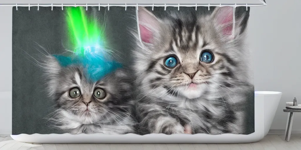 Image similar to a ( ( ( ( ( maine coon kitten ) ) ) ) ) baby yoda artwork themed shower curtain, shower curtain. product photography. product lighting. digital art. 4 k, highly detailed. saturated.