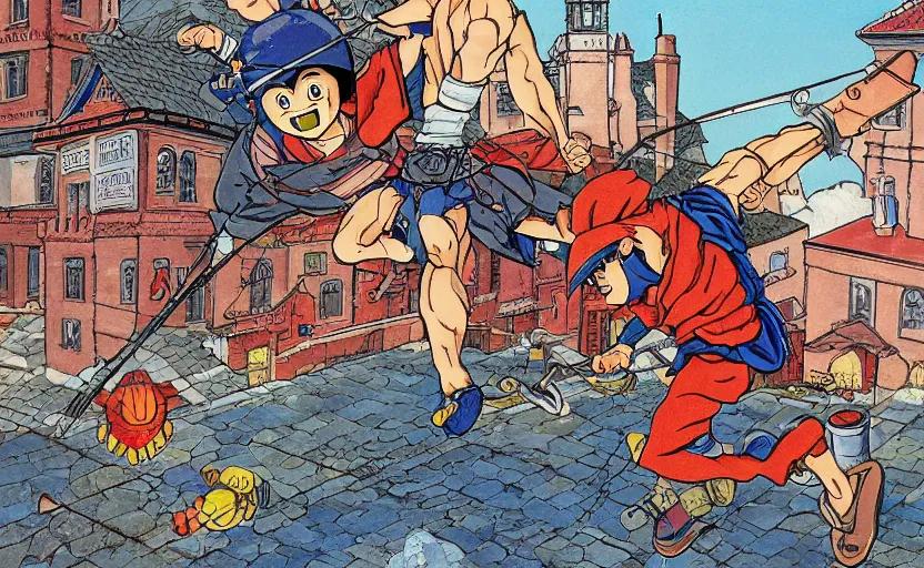 Prompt: a boy fighting a wolf on the edge of a clocktower, by akira toriyama gouache, print