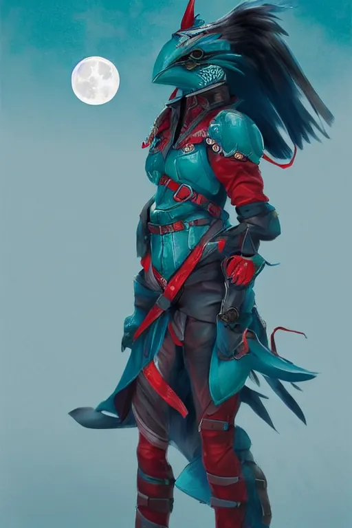 Image similar to female adventurer in tight full - body teal leather armor of japanese design with red accents and a white porcelain crow mask, trending in artstation, japanese, artstation, big moon in the background, establishing shot