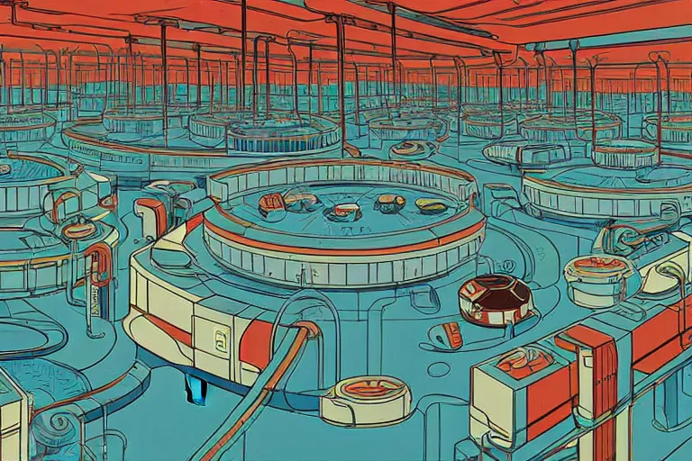 Prompt: a scifi illustration, factory interior. seen from above. vats of fluid. flat colors, limited palette in FANTASTIC PLANET La planète sauvage animation by René Laloux
