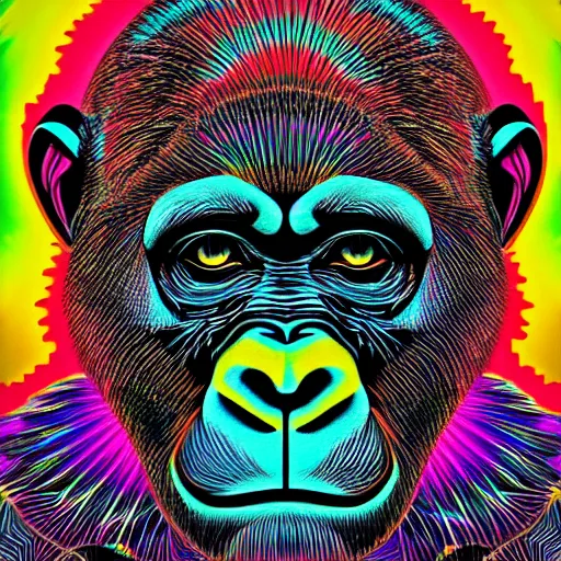 Image similar to a psychedelic neon technicolor portrait illustration of a gorilla in geometric kaleidoscopic colors trending on artstation 4 k intricate extremely detailed digital art