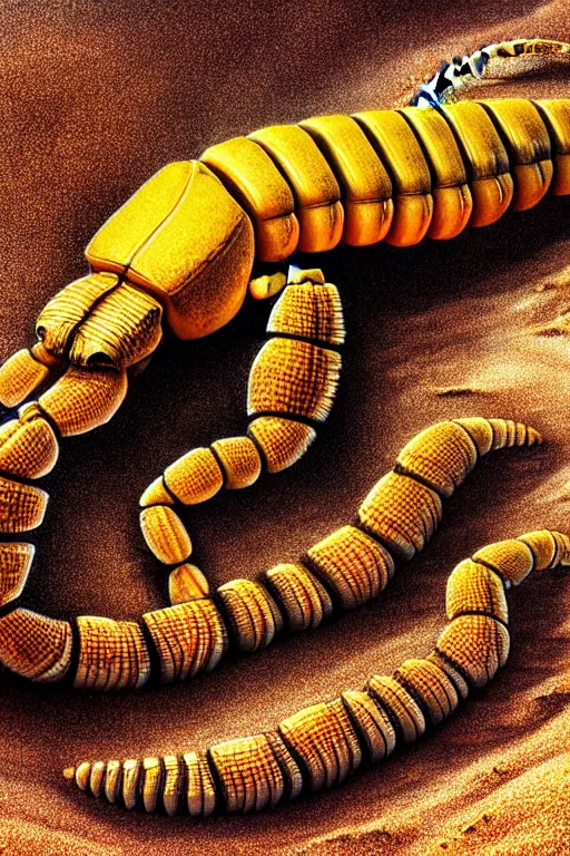 Image similar to hyperrealistic close - up sand worm scorpion monster highly detailed concept art eric zener elson peter cinematic hard yellow lighting high angle hd 8 k sharp shallow depth of field, inspired by david paul cronenberg and zdzisław beksinski