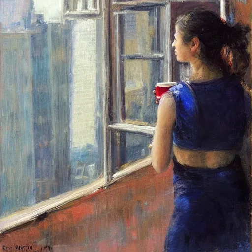 Image similar to “ back view of a girl holding a cup of coffee leaning out of a window overlooking the east village in new york city, morning light, by daniel gerhartz ”