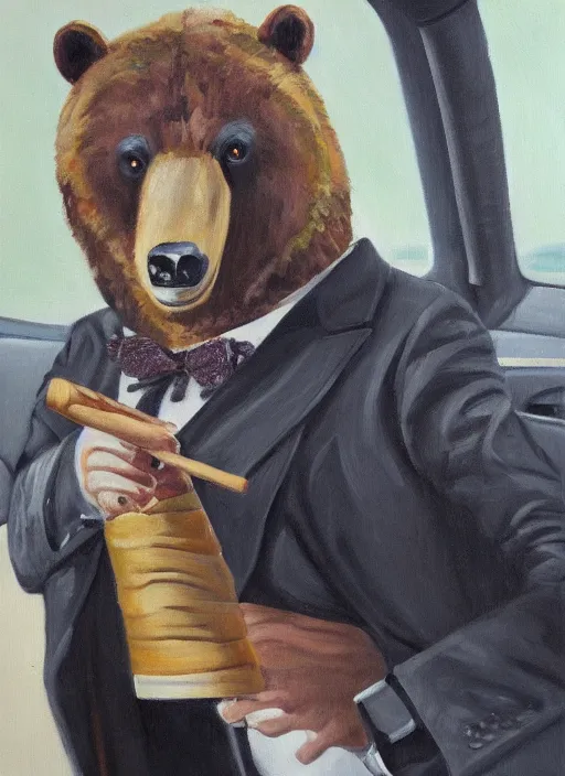 Image similar to A bear in a suit smoking a cigar while drifting in a Lamborghini, oil painting