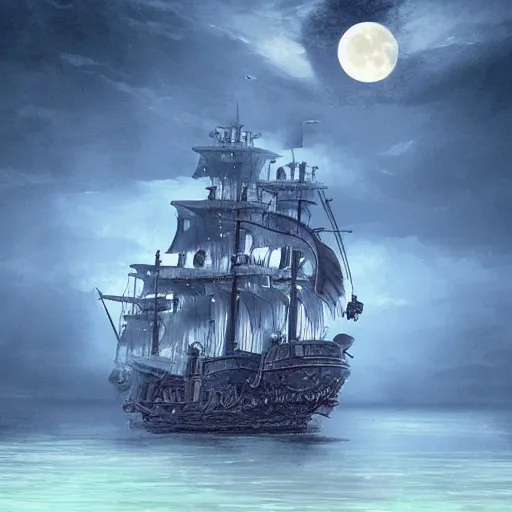 Prompt: extravagant pirate ship sailing over the still sea at night. moonlight. concept art. matte painting