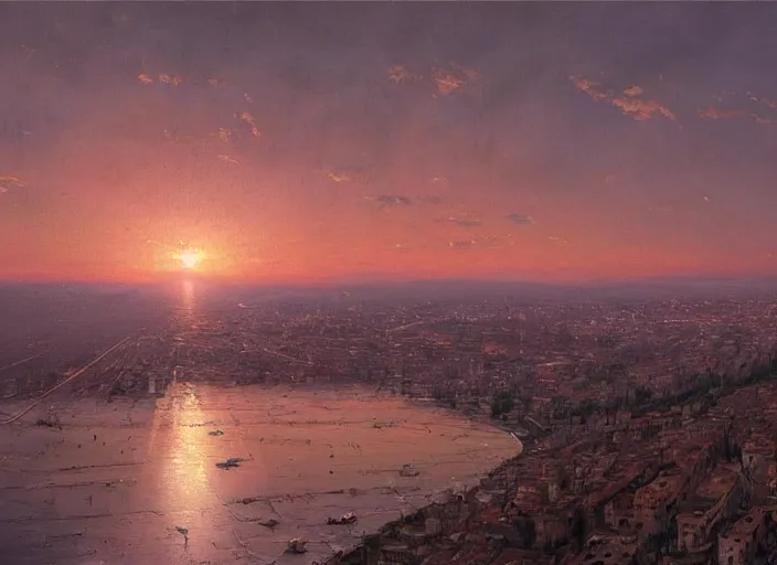 Image similar to A painting of a panoramic view of Pescara at sunset, by Greg Rutkowski and James Gurney, trending on Artstation, highly detailed