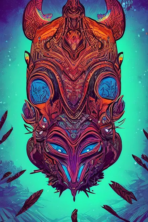 Image similar to totem animal tribal chaman vodoo mask feather gemstone plant wood rock video game illustration vivid color borderlands by josan gonzales and dan mumford radiating a glowing aura