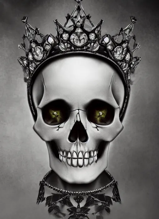 Image similar to skull queen with an origami crown, hints of silver jewelry, gothic, eerie, intricate detail, dramatic lighting, mist, grey, 4k