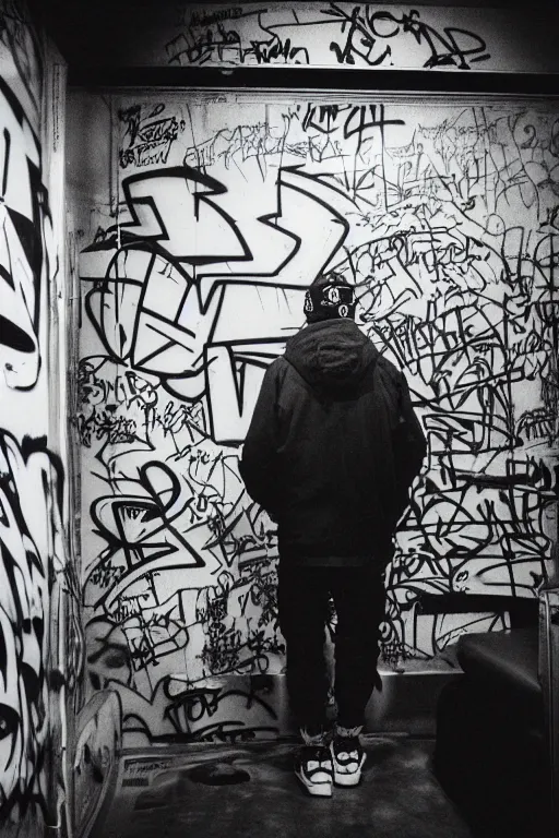 Image similar to subway cabin inside all in graffiti, man in stussy jacket closeup writing graffiti, night, film photography, exposed b & w photography, christopher morris photography