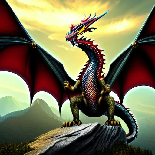 Prompt: giant dragon standing on a mountain, highly detailed, 4 k, hdr, award - winning, anne stokes