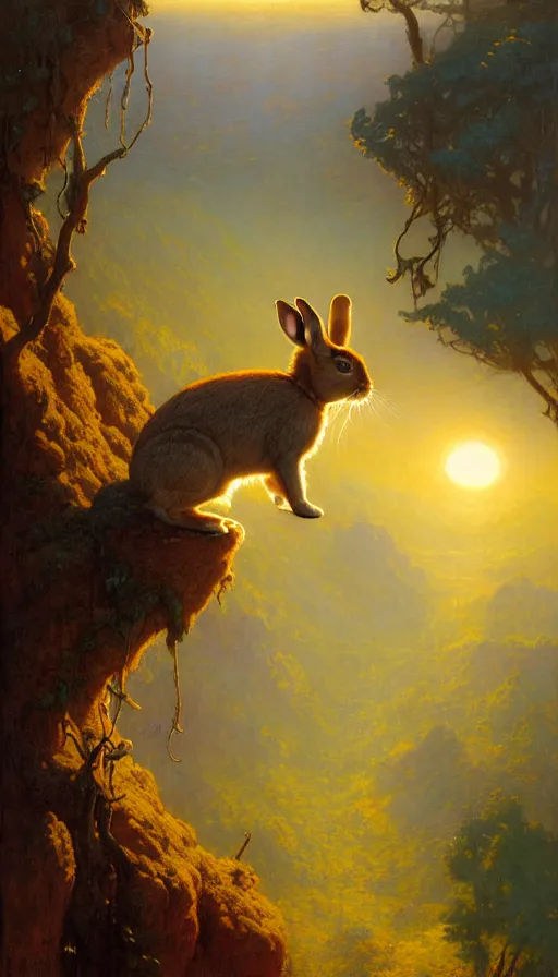 Image similar to rabbit looking off of a cliff, sun setting behind rabbit, lush forest in valley below, painted by tom bagshaw, james gurney, gaston bussiere, craig mullins, j. c. leyendecker 8 k