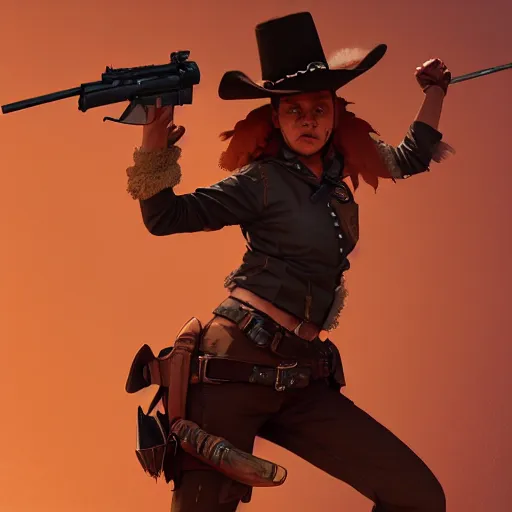 Image similar to splash art of cute anthropomorphic vulpes vulpes fulva as a bounty huntress in wild west in a gunfight, rugged clothes, motion blur, bullets whizzing, high energy : by weta, greg rutkowski, wlop, ilya kuvshinov, rossdraws, artgerm, octane render, iridescent