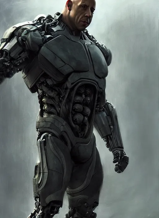 Image similar to vin diesel as victor stone, full body concept, cyborg, borg, strogg, face of a man, terminator, flesh, quake strogg, doom demon, wolfenstein, monstrous, powerful, symmetry, symmetrical, concept art by ruan jia and greg rutkowski