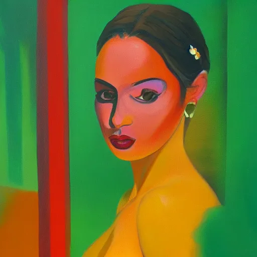 Prompt: beautiful painting of woman by Input two artist, golden hour, green background