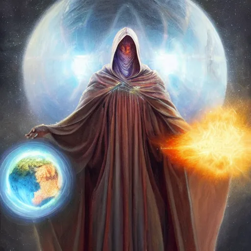 Image similar to the creator of worlds wearing a cloak and holding a holographic planet projection in his hand, detailed, sci - fi, digital painting, artstation, sharp focus, illustration, ominous, artgerm, tomasz alen kopera, peter mohrbacher, donato giancola, joseph christian leyendecker, wlop, frank frazetta