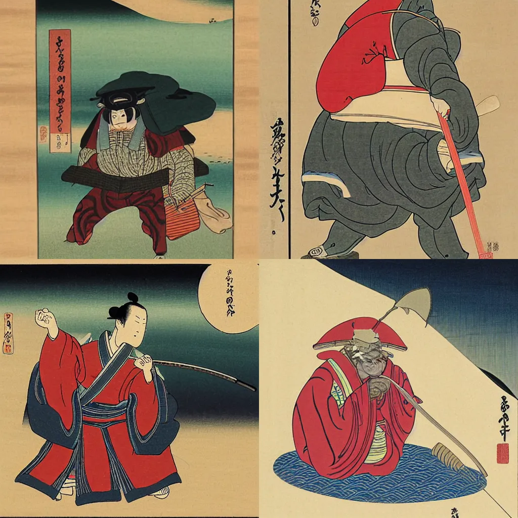 Prompt: ukiyo-e painting of a tardigrade samurai