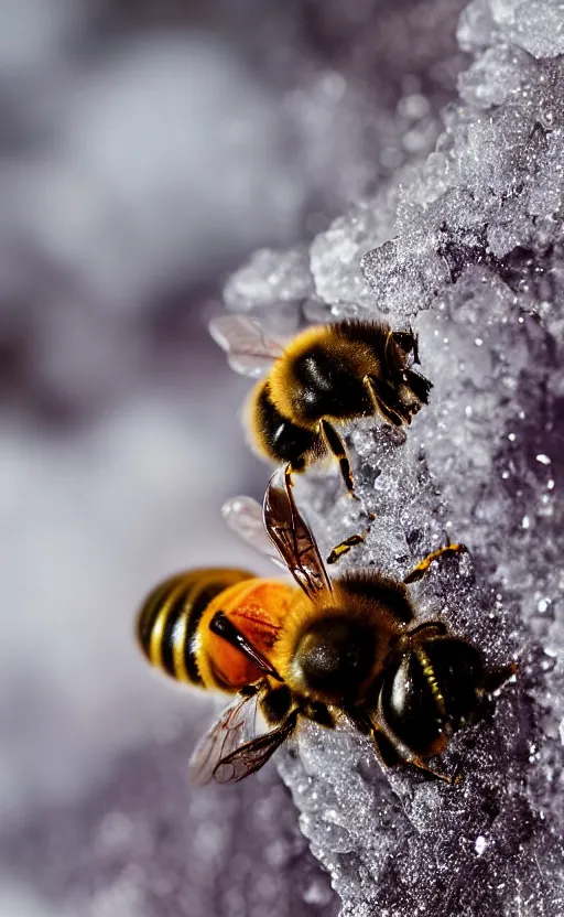 Prompt: the last bee entrapped under a sheet of ice, beautiful macro photography, cold ambient light