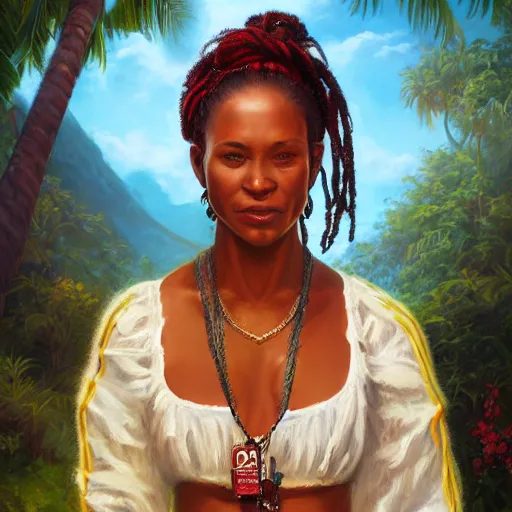 Image similar to portrait of a jamaican woman ( 3 5 ) from jamaica in 2 0 2 1, an oil painting by ross tran and thomas kincade